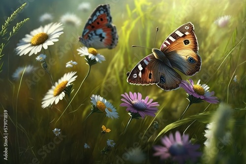 Flowers and butterflies in grass on meadow, nature in rays of sunlight in summer or spring as macro (generative AI) © senadesign