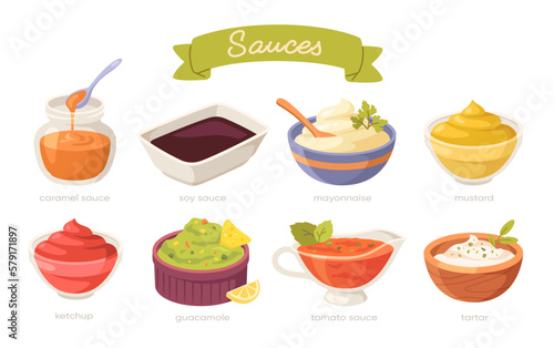 Set of Various sauces in bowls. Small jars with mustard, mayonnaise, ketchup, guacamole, tartare, soy, tomato and caramel sauce for snacks. Design for cafe menu. Cartoon flat vector collection