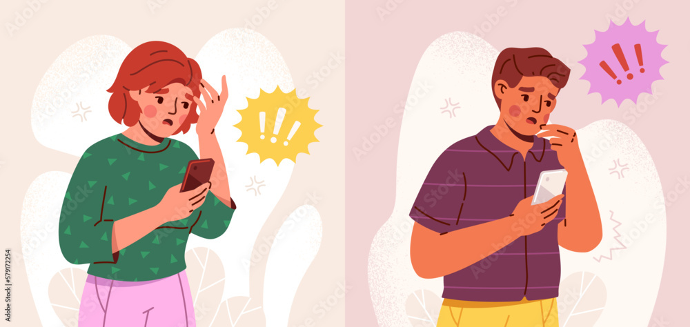 Set of shocked people with smartphones. Young Men and women hold phones and surprised by read message or unexpected news. Confused amazed characters. Cartoon flat vector illustration collection Set of shocked people with smartphones. Young Men and women hold phones and surprised by read message or unexpected news. Confused amazed characters. Cartoon flat vector illustration collection