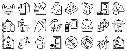 Line icons about covid19 prevention on transparent background with editable stroke.