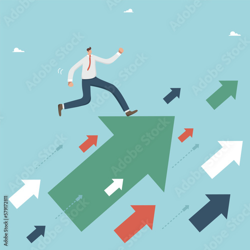 Move forward towards your goals, look for ways out of difficulties, stick to the right strategy, find alternative ways to grow your business and improve the economy. Businessman running up the arrows.