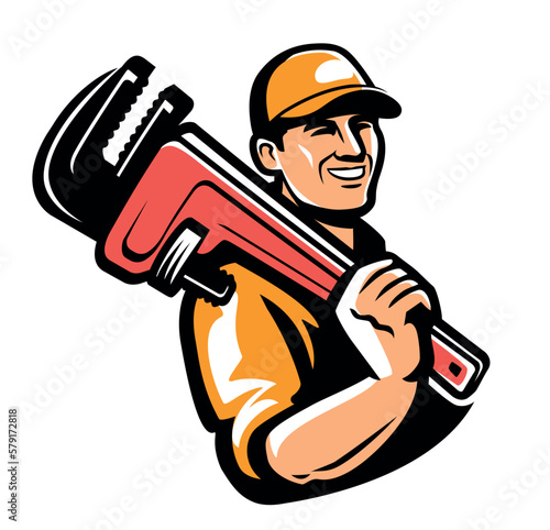 Happy worker with work tool. Plumber with wrench emblem or logo. Vector illustration