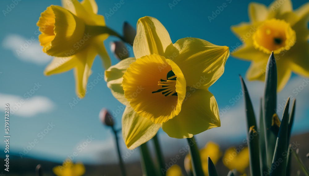 Fototapeta premium yellow english ,daffodil flowers close up low angle of view with blue sky background, Created using generative AI tools.