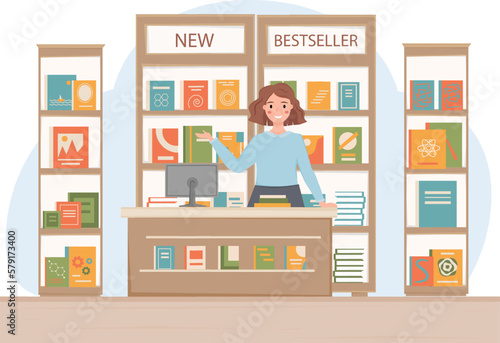 Saleswoman, shop assistant in bookstore. Seller at the counter of book shop. Bookcases with new books. Iinterior of bookstore. Vector illustration.
