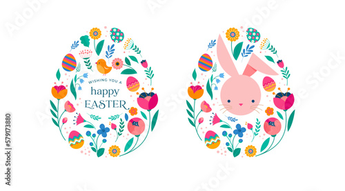 Happy Easter, decorated modern style card, banner. Patterned eggs with bunnies, flowers and basket. Colorful minimalist design