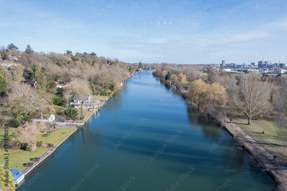 beautiful aerial view of the River Thames in Reading, Berkshire, England