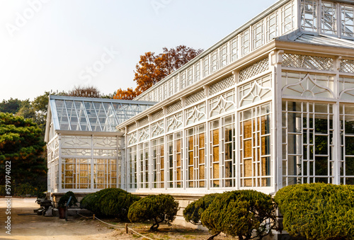 Glass house in the gardens of Changygeonggung palace in Seoul, South Korea