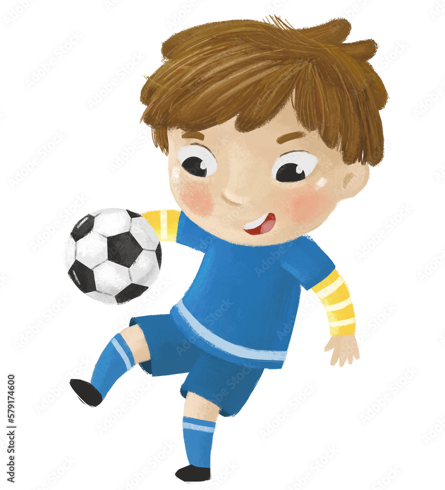 cartoon scene with kid playing running sport ball soccer football - illustration for children