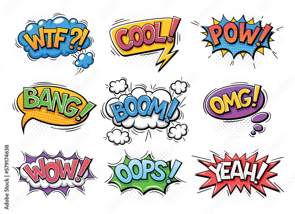 Set of comical explosions in pop art style. Retro speech bubbles with inscriptions of different sound effects. Pow, wow, omg, oops, bang. Cartoon flat vector collection isolated on white background Set of comical explosions in pop art style. Retro speech bubbles with inscriptions of different sound effects. Pow, wow, omg, oops, bang. Cartoon flat vector collection isolated on white background
