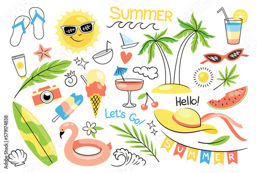 Set of Hello Summer elements. Doodle style illustrations. Stickers or icons with ice cream, cocktail, beachwear, sunglasses, sunscreen, tropical palms and surfboard. Cartoon flat vector collection