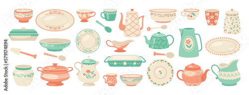 Set of ceramic kitchen utensils. Porcelain tableware or decorative crockery. Bowl, plate, teapot, cup, spoon, jar, vase and mug with floral patterns. Cartoon flat vector collection isolated on white