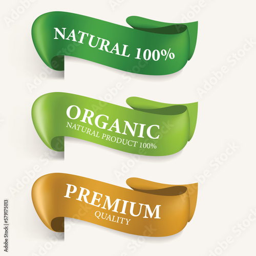 Natural label and organic label green color and ribbon. vintage label and badge design.