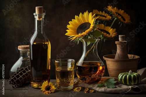 illustration, sunflower oil in glass containers on the table, ai generative