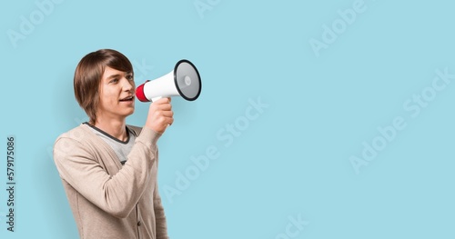 Emotional Young person Making Announcement hold Megaphone