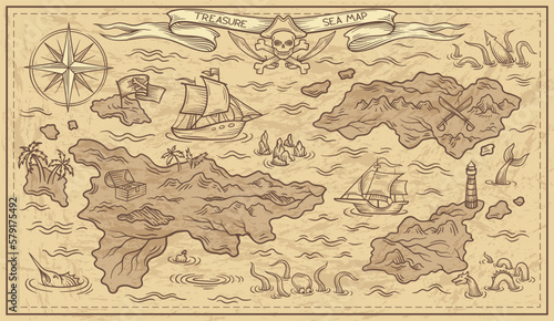 Adventure design of old treasure map. Parchment with Caribbean islands, pirate ships, buried chest of gold, sea monster and compass. Antique scroll with plan and path. Cartoon flat vector illustration