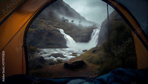 waterfall view from the tent, camping