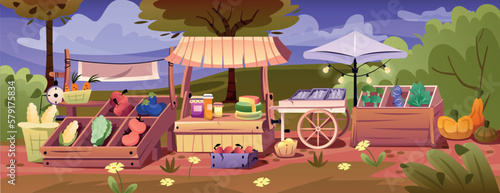 Outdoor farm market. Wooden fair stalls with organic products, vegetables and fruits for sale. Buying Natural Grocery. Agricultural production. Colorful poster. Cartoon flat vector illustration
