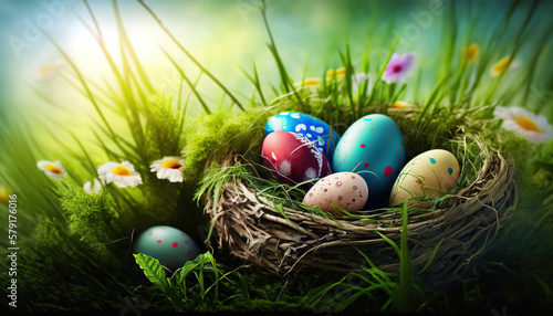 Nest with colorful easter eggs in the grass. Based on Generative AI