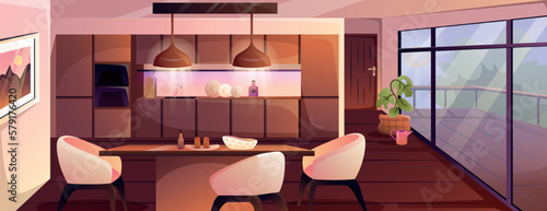 Modern kitchen interior. Stylish cooking room with dining table, armchairs, cupboards, stove and oven, refrigerator and lighting fixtures. Apartment with furniture. Cartoon flat vector illustration
