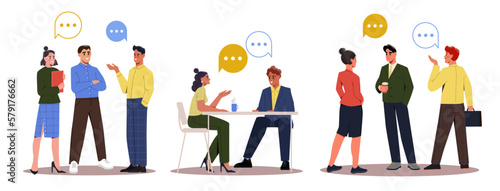 Business meeting or conference. Set of Men and women entrepreneurs in formal clothes communicate and negotiate. Partners discussing project. Cartoon flat vector collection isolated on white background