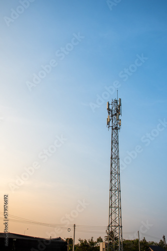 high radio tower againt blue sky