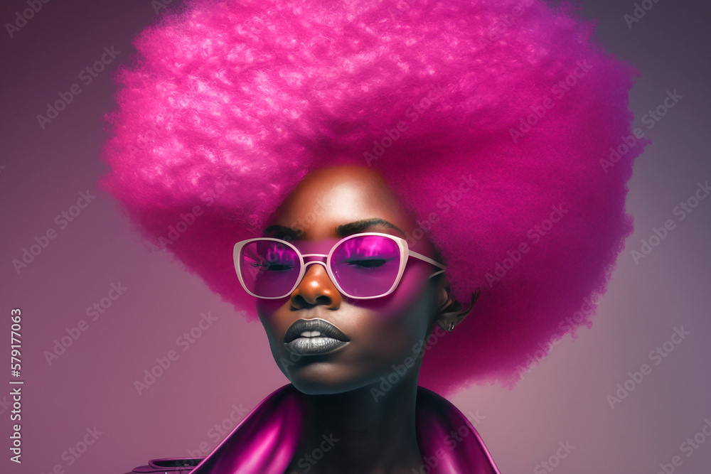 Red puff hair worn by afro American woman with glasses on red background. AI generated image