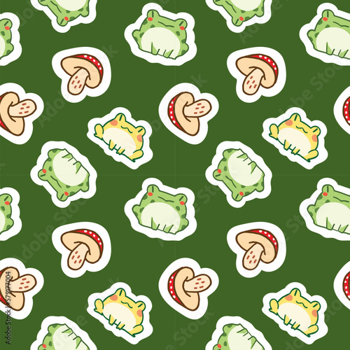 Seamless Pattern with Cartoon Frog and Mushroom Design on Green Background