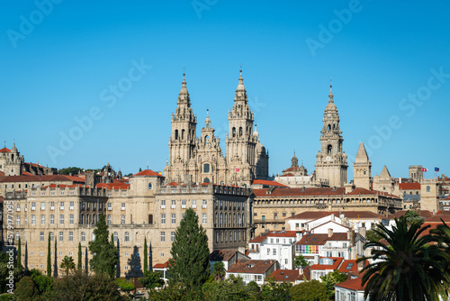 Panorama view of Santiago de Compostela as seen form the Parque de la Alameda park, with the towers of the cathedral to be recognized.