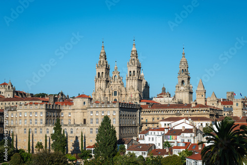 Panorama view of Santiago de Compostela as seen form the Parque de la Alameda park, with the towers of the cathedral to be recognized.
