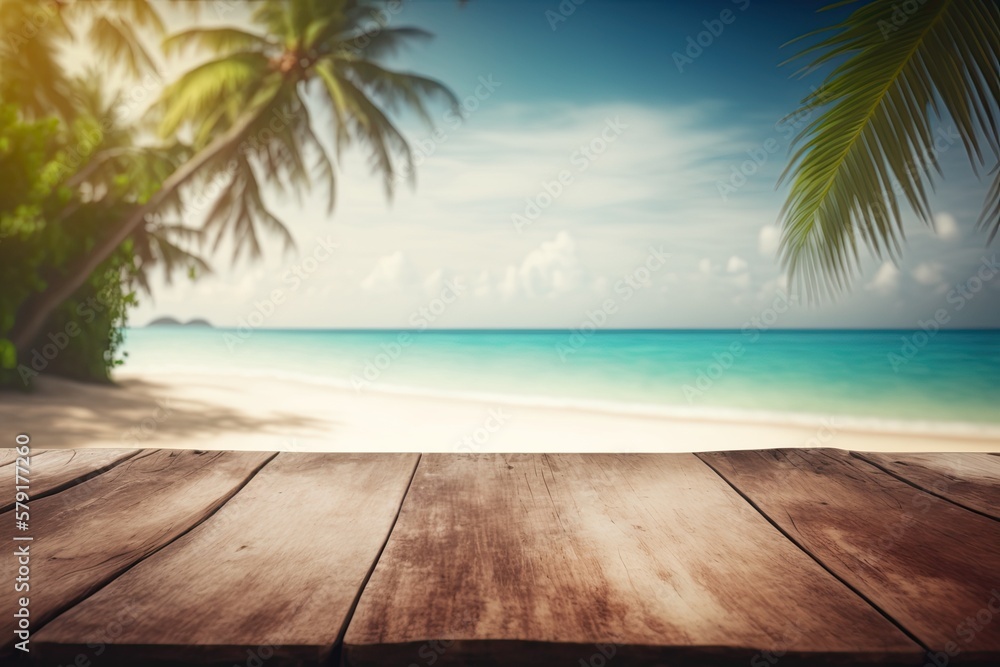 Wooden Table with Blurred Bokeh Holiday Travel Background with White Sandy Beach and Palm Trees (Generative AI)