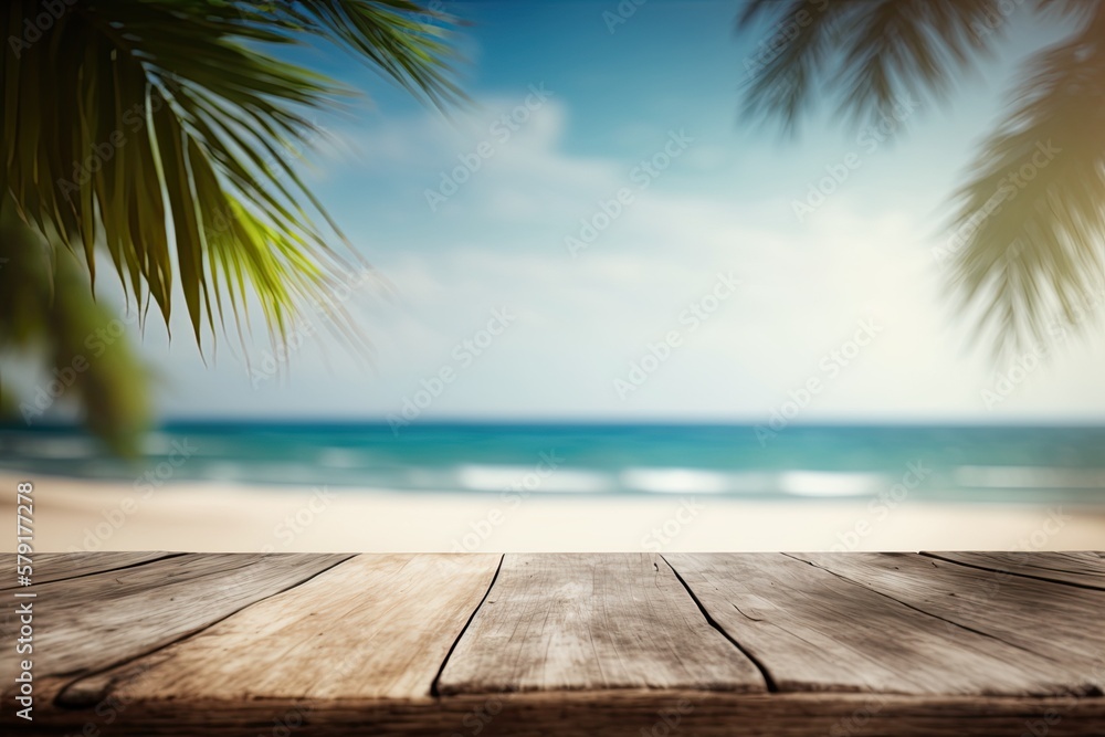 Wooden Table with Blurred Bokeh Holiday Travel Background with White Sandy Beach and Palm Trees (Generative AI) Wooden Table with Blurred Bokeh Holiday Travel Background with White Sandy Beach and Palm Trees (Generative AI)