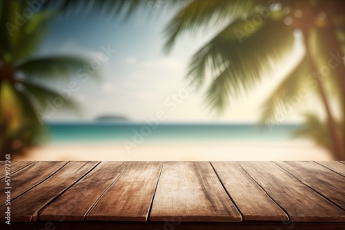 Wooden Table with Blurred Bokeh Holiday Travel Background with White Sandy Beach and Palm Trees (Generative AI)
