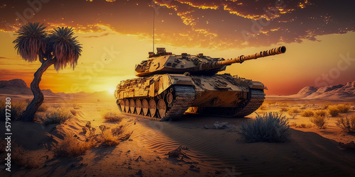 A tank prepared for the attack at sunset Generative AI technology