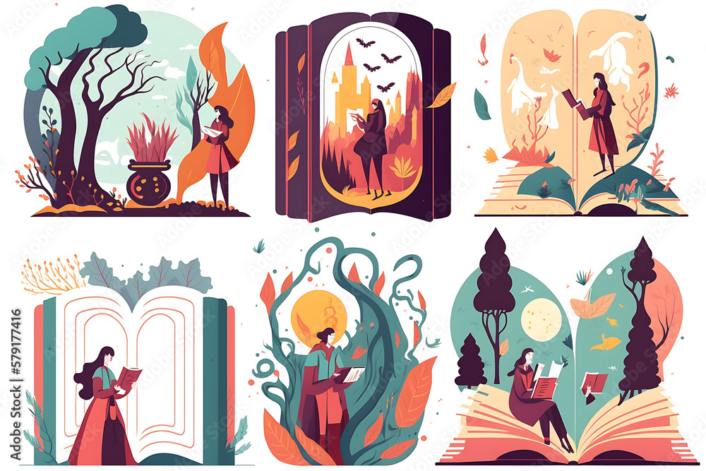 Flat vector illustration Book concept set. Happy readers who read fiction, fantasy, fairy tales, educational and business literature for knowledge, wisdom and imagination. Flat vector illustration iso