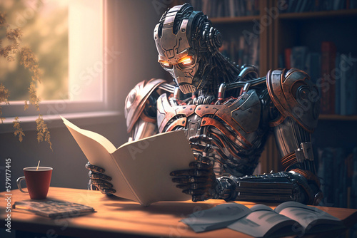 Humanoid robot reading a book. Generative AI