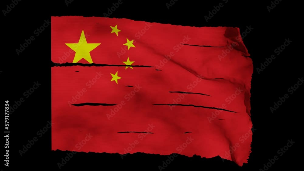 Torn, damaged, unattached flag of the People's Republic of China (PRC ...