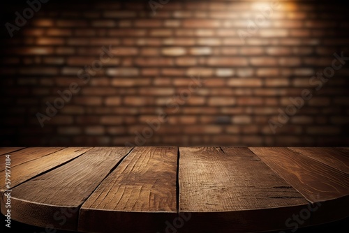 Empty Wooden Display Table with Blurred Bokeh Brick Wall Background (Generative AI)