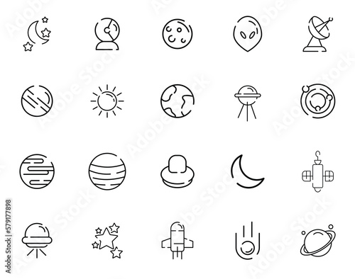Space travel, universe research technology thin line icons set vector illustration. Abstract outline astronaut and spaceship, moon and solar system planets, futuristic observatory and telescope photo