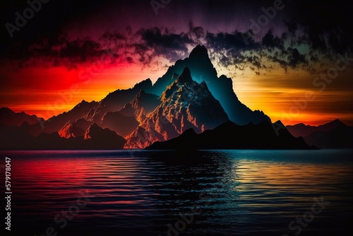 Panoramic view at sunset with mountains. Generative AI © AIproduction
