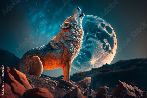Lone wolf howling at night. Generative AI © AIproduction