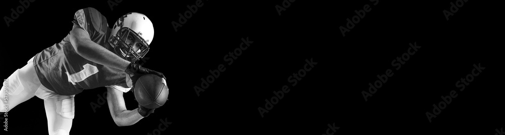 Fototapeta premium Horisontal banner for website header. Black and white visual with American football player banner. BW Template for a sports marketing with copy space. Mockup for betting advertisement.
