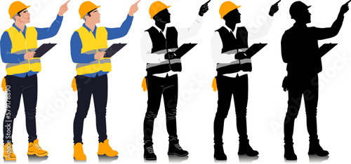 Construction worker holding folder wearing helmet and vest. Different color options. Worker silhouette. Hand-drawn vector illustration isolated on white. Full length view