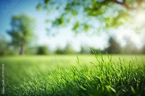 Beautiful Green Spring/Summer Meadow Background with Green Grass and Blue Sky (Generative AI)