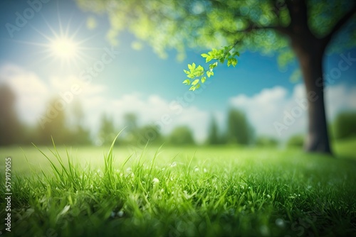 Beautiful Green Spring/Summer Meadow Background with Green Grass and Blue Sky (Generative AI)