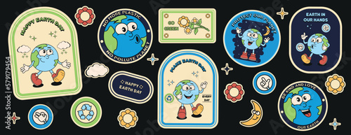 Retro 70s, 80s stickers, Cartoon planet with environmental protection slogans, flowers, moon, hand, vector set. Positive symbols or icons.