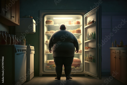 A very fat man looks into an opened fridge, concept of Obesity and Curiosity, created with Generative AI technology photo