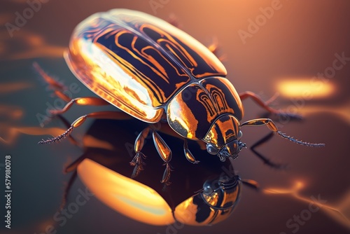 Foto illustration, a beetle moving on a shiny surface, ai generative
