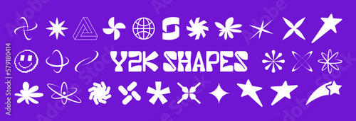 Y2K graphic set. Modern shapes form 00s, 90s, 80s for posters, flyers, banners, web design, cards. Y2k retrofuturistic vaporwave and synthwave, universal geometric shapes. Vector retro elements set