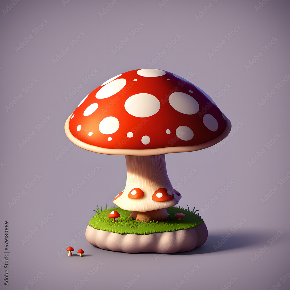 Small cute Red Amanita muscaria mushrooms toy, 3D reference model. AI generated - obrazy, fototapety, plakaty 