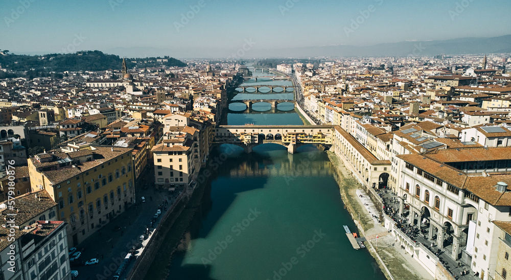 Aerial view of Ponte Vecchio bridge and Arno river in Florence. High quality photo